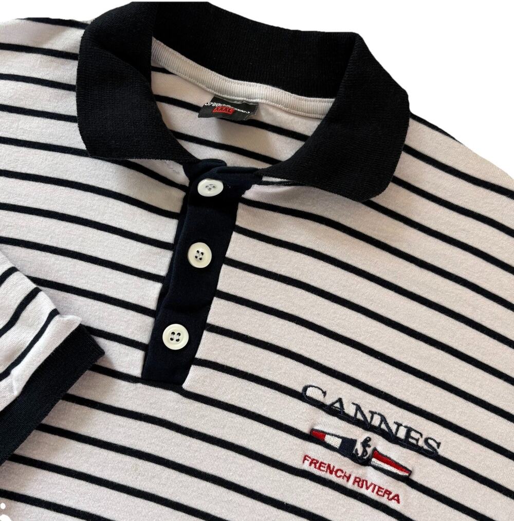 Spirit of Cannes French Riviera Embroidered Striped Black White Polo Shirt Large